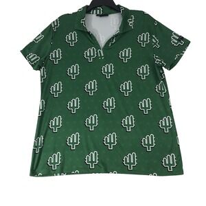 YATTA Golf Polo Shirt Women's Plus Size XXL‎ Green White Cactus Print Collared